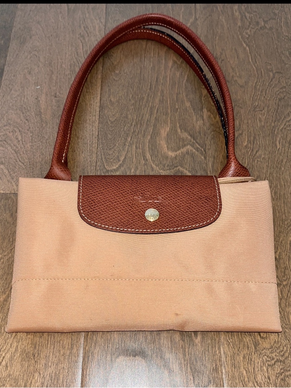 Longchamp Le Pliage Folding Large Tote: Tan Canvas & Brown Leather Pre-Owned